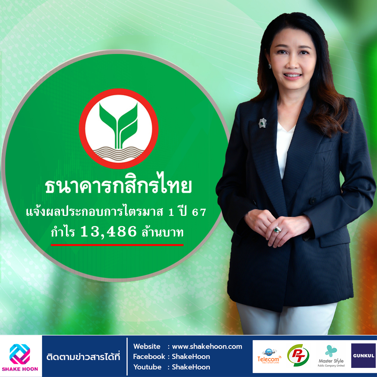 ธนาคารกสิกรไทย แจ้งผลประกอบการไตรมาส 1 ปี 67 กำไร 13,486 ล้านบาท