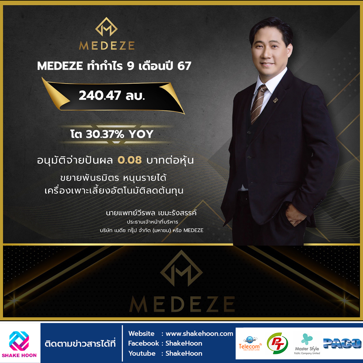 MEDEZE ทำกำไร 9 เดือนปี 67 ที่ 240.47 ลบ. โต 30% YOY