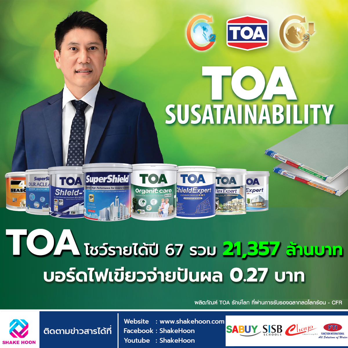 TOA โชว์รายได้ปี 67 รวม 21,357 ล้านบาท บอร์ดไฟเขียวจ่ายปันผล 0.27 บาท